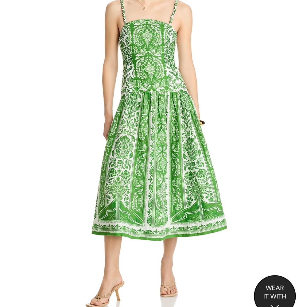 FARM Rio Tapestry Green Premium Linen Midi Dress Size Large